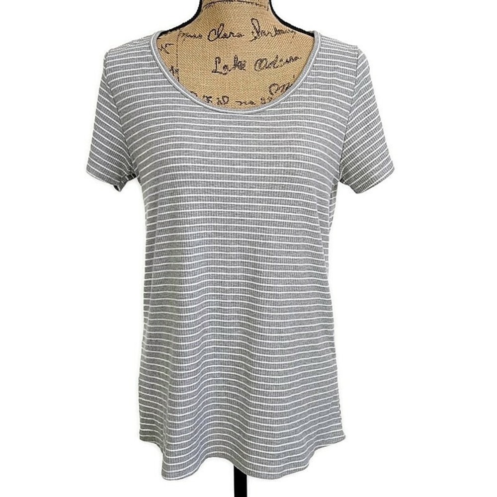 LuLaRoe Ribbed Top Women Medium Grey White Striped Short Sleeve Scoop Neck